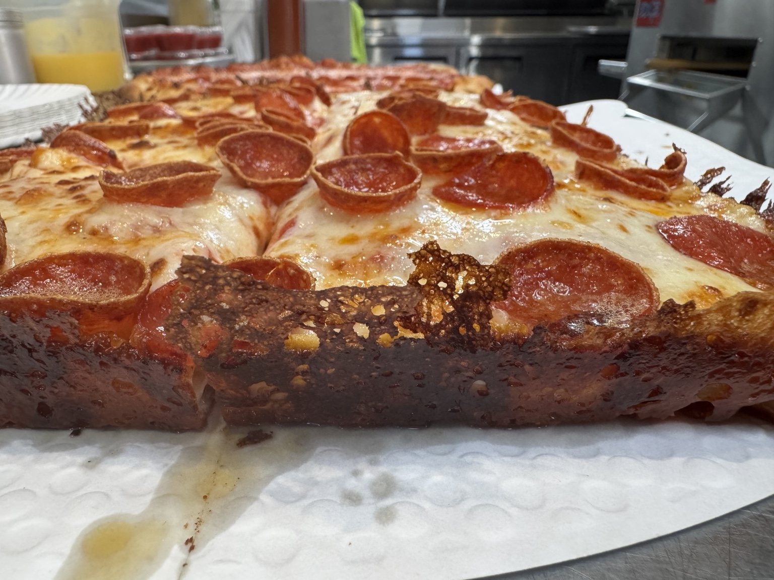 Detroit style pizza crispy edge